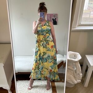 NWT SLEEVELESS YELLOW TEAL ORANGE TROPICAL FLORAL DRESS RUFFLES TIES